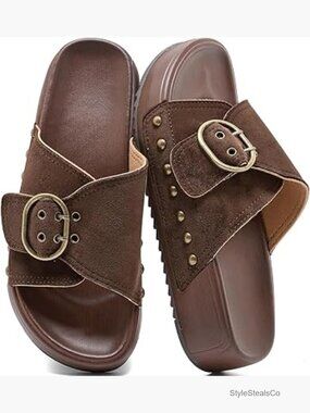 Platform Sandals Women Big Buckle Slides Adjustable Thick Sole Wide Width Wedge